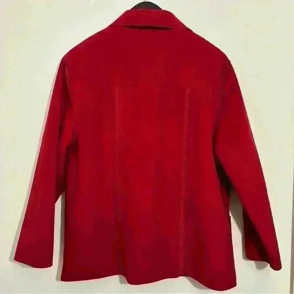 Alfred Dunner Red Suede Jacket Button Front Pockets Textured Detail Sz 16 Y2K